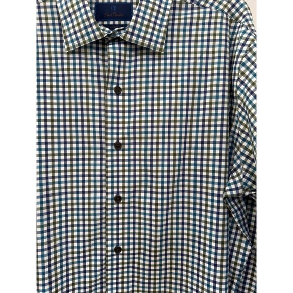 David Donahue Men's 17.5 XL Blue Check Fusion Performance Dress Shirt Button Up - Picture 2 of 4
